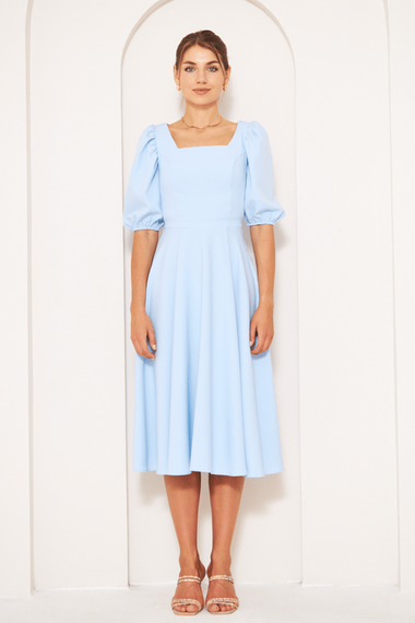 Square Neck Short Balloon Sleeves Elastic Woven Flowy Fabric Midi Dress - Baby Blue - photo 3