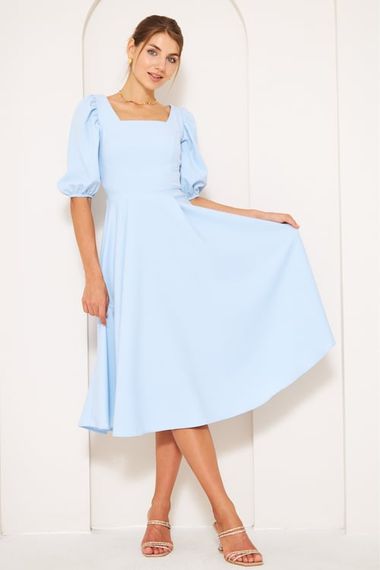 Square Neck Short Balloon Sleeves Elastic Woven Flowy Fabric Midi Dress - Baby Blue - photo 2