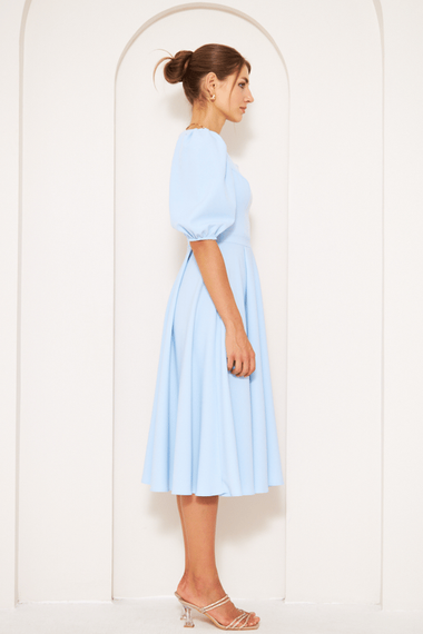 Square Neck Short Balloon Sleeves Elastic Woven Flowy Fabric Midi Dress - Baby Blue - photo 4