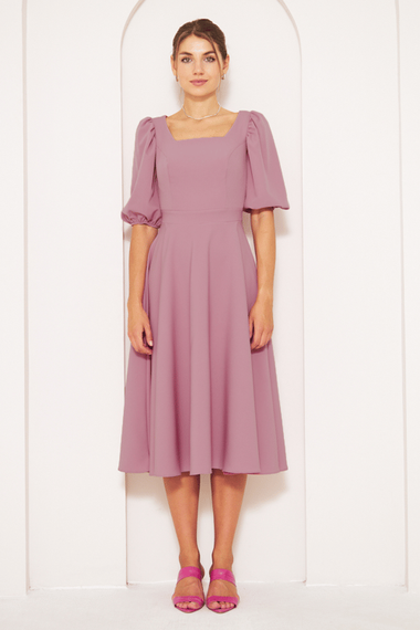 Square Neck Short Balloon Sleeves Elastic Woven Flowy Fabric Midi Dress - Dusty Rose - photo 3