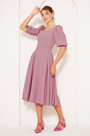 Square Neck Short Balloon Sleeves Elastic Woven Flowy Fabric Midi Dress - Dusty Rose - photo 2