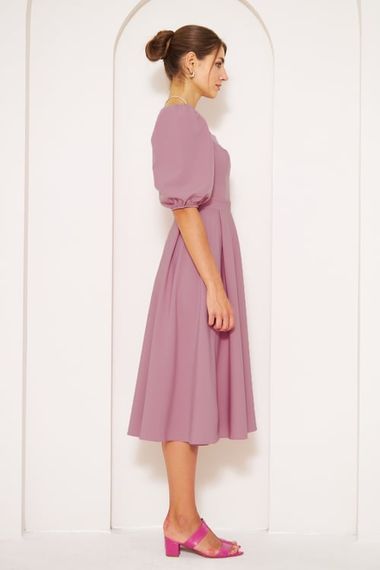 Square Neck Short Balloon Sleeves Elastic Woven Flowy Fabric Midi Dress - Dusty Rose - photo 5