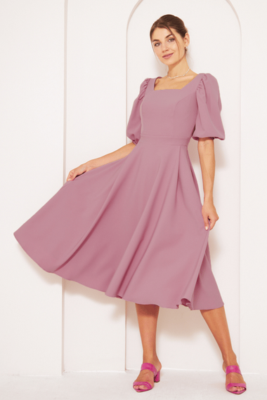 Square Neck Short Balloon Sleeves Elastic Woven Flowy Fabric Midi Dress - Dusty Rose - photo 1