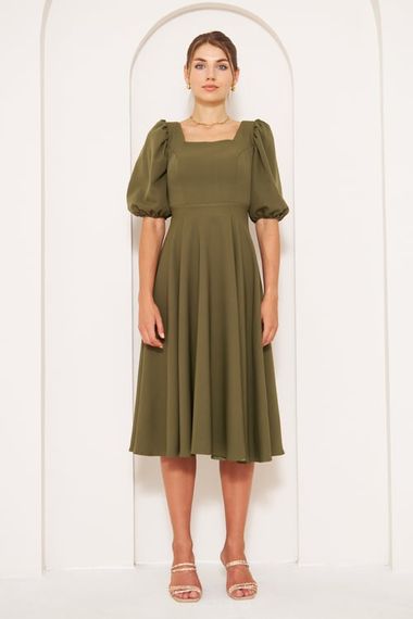 Square Neck Short Balloon Sleeves Elastic Woven Flowy Fabric Midi Dress - Khaki - photo 3