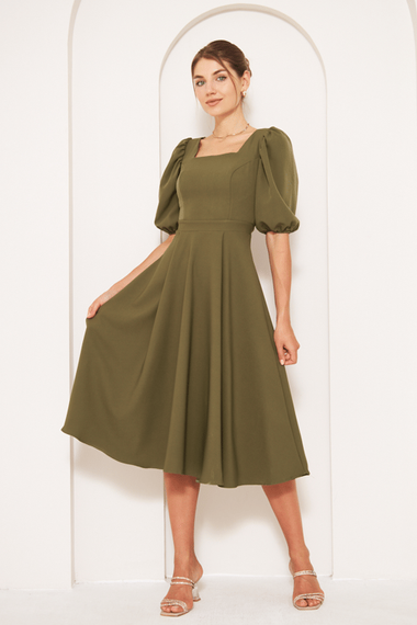 Square Neck Short Balloon Sleeves Elastic Woven Flowy Fabric Midi Dress - Khaki - photo 2