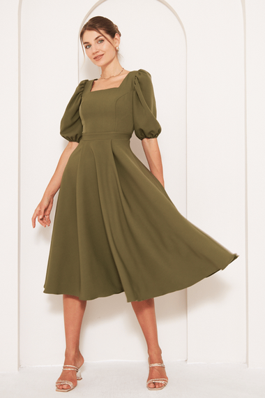 Square Neck Short Balloon Sleeves Elastic Woven Flowy Fabric Midi Dress - Khaki - photo 1