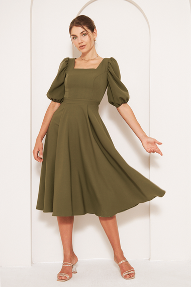 Square Neck Short Balloon Sleeves Elastic Woven Flowy Fabric Midi Dress - Khaki - photo 4