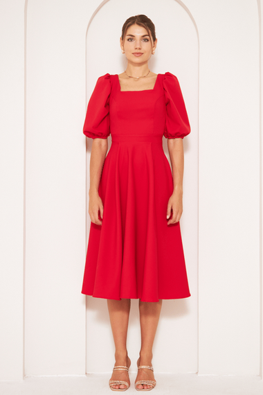 Square Neck Short Balloon Sleeves Elastic Woven Flowy Fabric Midi Dress - Red - photo 4