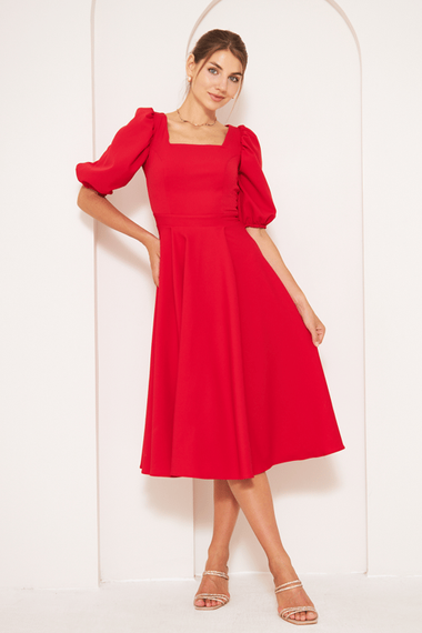 Square Neck Short Balloon Sleeves Elastic Woven Flowy Fabric Midi Dress - Red - photo 3