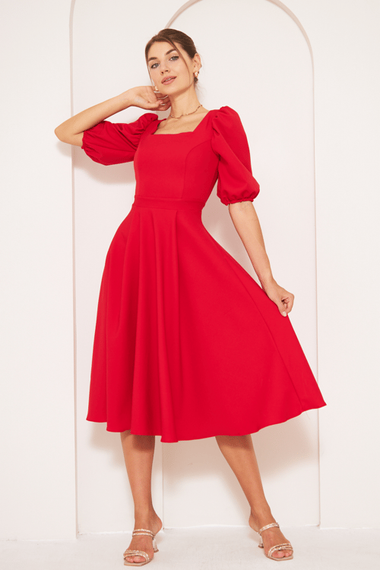 Square Neck Short Balloon Sleeves Elastic Woven Flowy Fabric Midi Dress - Red - photo 2