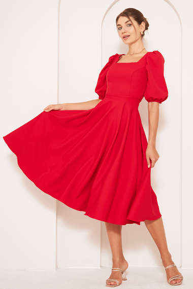 Square Neck Short Balloon Sleeves Elastic Woven Flowy Fabric Midi Dress - Red - photo 1