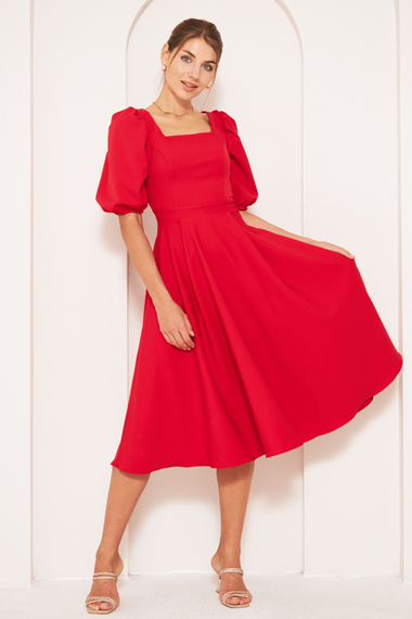 Square Neck Short Balloon Sleeves Elastic Woven Flowy Fabric Midi Dress - Red - photo 5