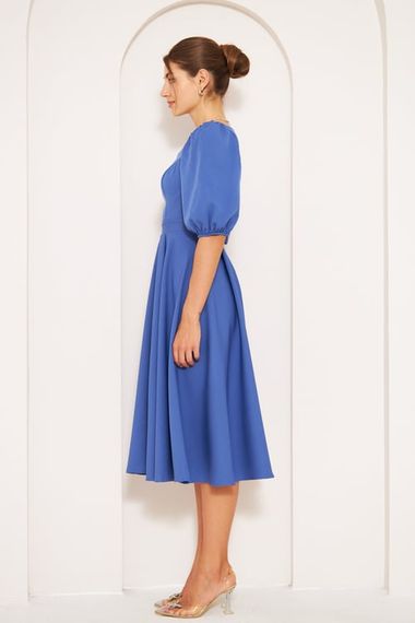 Square Neck Short Balloon Sleeves Elastic Woven Flowy Fabric Midi Dress - Denim Blue - photo 5