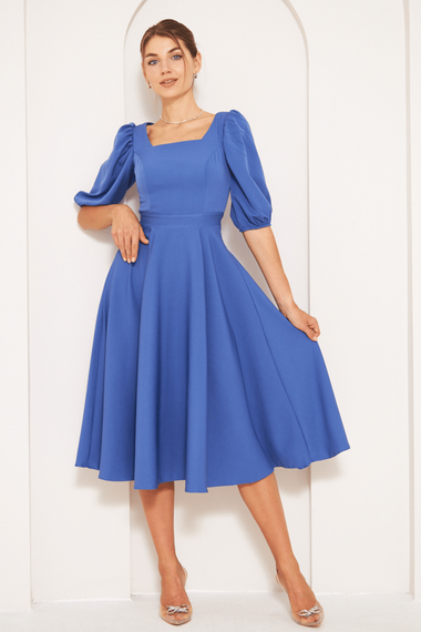 Square Neck Short Balloon Sleeves Elastic Woven Flowy Fabric Midi Dress - Denim Blue - photo 1