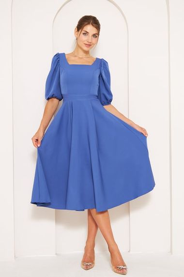 Square Neck Short Balloon Sleeves Elastic Woven Flowy Fabric Midi Dress - Denim Blue - photo 2