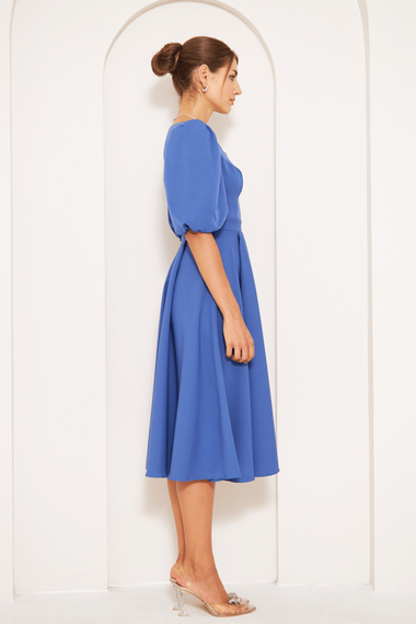 Square Neck Short Balloon Sleeves Elastic Woven Flowy Fabric Midi Dress - Denim Blue - photo 4