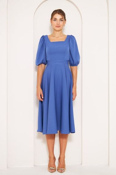 Square Neck Short Balloon Sleeves Elastic Woven Flowy Fabric Midi Dress - Denim Blue - photo 3