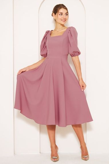 Square Neck Short Balloon Sleeves Elastic Woven Flowy Fabric Midi Length Dress-Dark Rose - photo 1