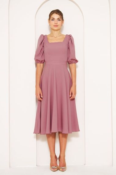 Square Neck Short Balloon Sleeves Elastic Woven Flowy Fabric Midi Length Dress-Dark Rose - photo 2