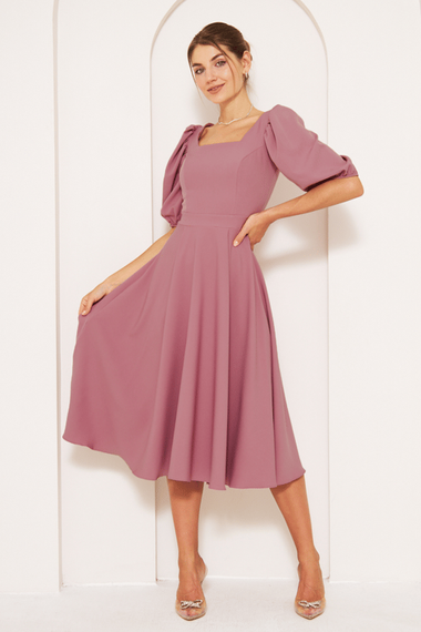 Square Neck Short Balloon Sleeves Elastic Woven Flowy Fabric Midi Length Dress-Dark Rose - photo 3