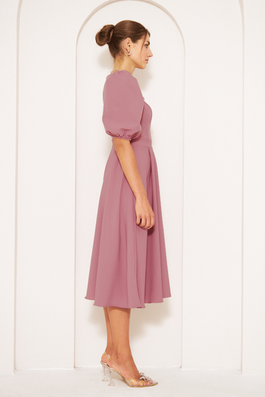 Square Neck Short Balloon Sleeves Elastic Woven Flowy Fabric Midi Length Dress-Dark Rose - photo 4