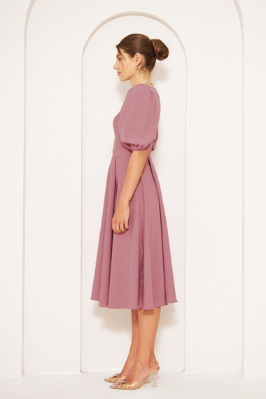 Square Neck Short Balloon Sleeves Elastic Woven Flowy Fabric Midi Length Dress-Dark Rose - photo 5