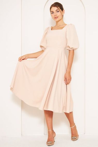 Square Neck Short Balloon Sleeves Elastic Woven Flowy Fabric Midi Dress - Cream - photo 3