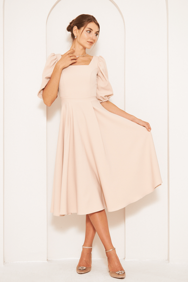 Square Neck Short Balloon Sleeves Elastic Woven Flowy Fabric Midi Dress - Cream - photo 2