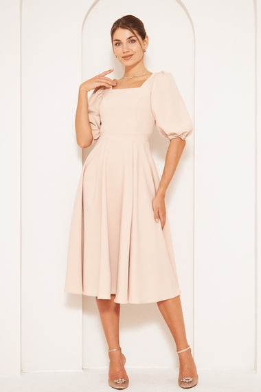 Square Neck Short Balloon Sleeves Elastic Woven Flowy Fabric Midi Dress - Cream - photo 1