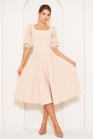 Square Neck Short Balloon Sleeves Elastic Woven Flowy Fabric Midi Dress - Cream - photo 5