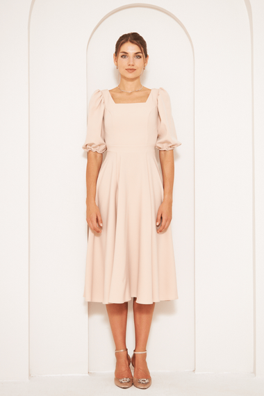 Square Neck Short Balloon Sleeves Elastic Woven Flowy Fabric Midi Dress - Cream - photo 4