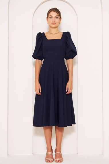 Square Neck Short Balloon Sleeves Elastic Woven Flowy Fabric Midi Dress - Navy Blue - photo 2