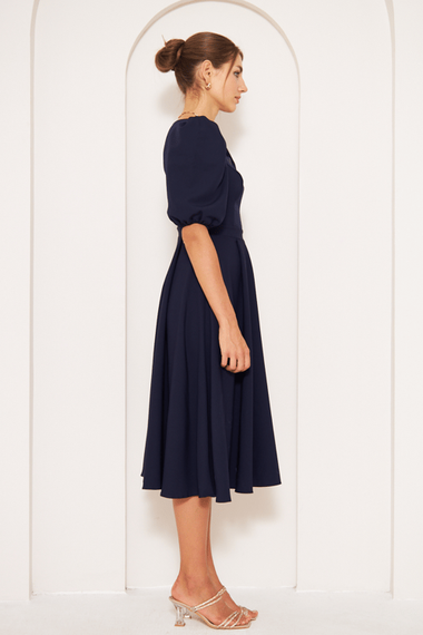 Square Neck Short Balloon Sleeves Elastic Woven Flowy Fabric Midi Dress - Navy Blue - photo 4