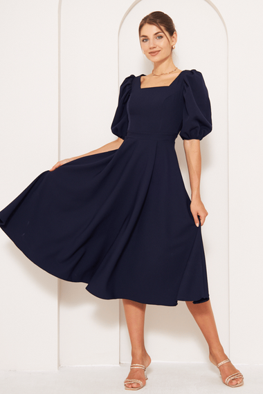 Square Neck Short Balloon Sleeves Elastic Woven Flowy Fabric Midi Dress - Navy Blue - photo 3