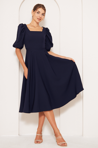 Square Neck Short Balloon Sleeves Elastic Woven Flowy Fabric Midi Dress - Navy Blue - photo 1