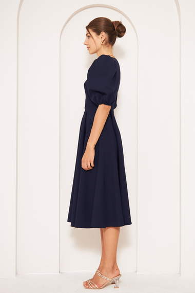 Square Neck Short Balloon Sleeves Elastic Woven Flowy Fabric Midi Dress - Navy Blue - photo 5