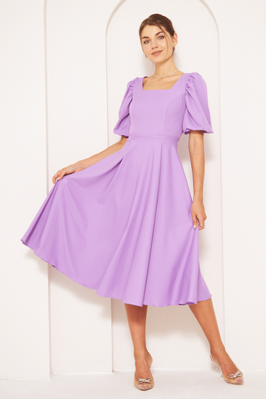 Square Neck Short Balloon Sleeves Elastic Woven Flowy Fabric Midi Dress - Lilac - photo 1