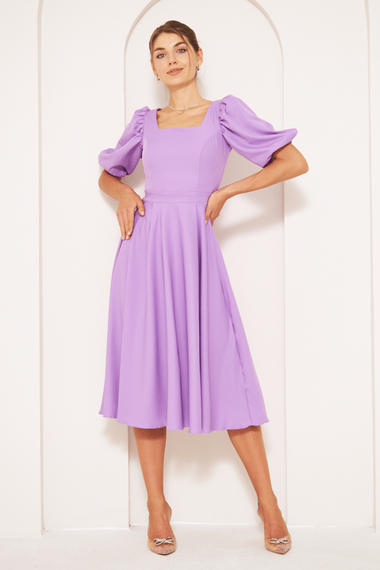 Square Neck Short Balloon Sleeves Elastic Woven Flowy Fabric Midi Dress - Lilac - photo 2