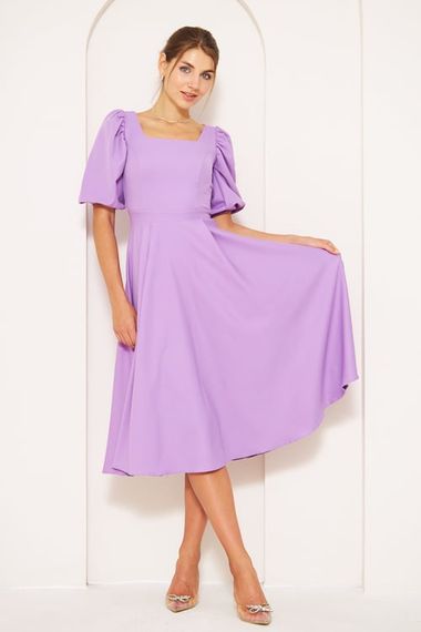 Square Neck Short Balloon Sleeves Elastic Woven Flowy Fabric Midi Dress - Lilac - photo 3