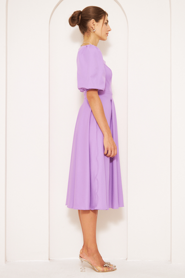 Square Neck Short Balloon Sleeves Elastic Woven Flowy Fabric Midi Dress - Lilac - photo 5