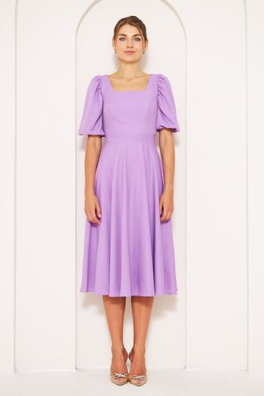 Square Neck Short Balloon Sleeves Elastic Woven Flowy Fabric Midi Dress - Lilac - photo 4