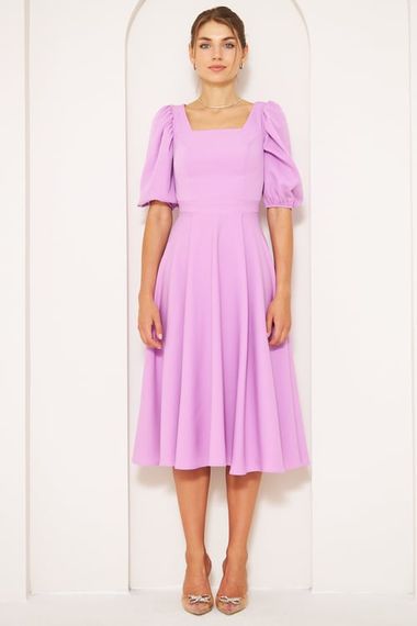 Square Neck Short Balloon Sleeves Elastic Woven Flowy Fabric Midi Dress - Lilac - photo 2