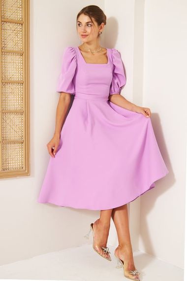 Square Neck Short Balloon Sleeves Elastic Woven Flowy Fabric Midi Dress - Lilac - photo 1