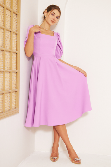 Square Neck Short Balloon Sleeves Elastic Woven Flowy Fabric Midi Dress - Lilac - photo 3