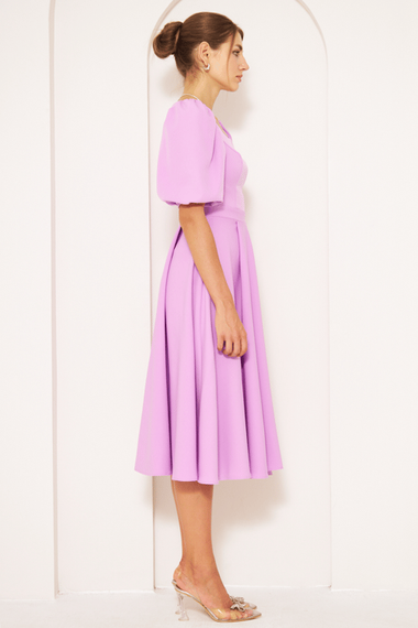 Square Neck Short Balloon Sleeves Elastic Woven Flowy Fabric Midi Dress - Lilac - photo 4