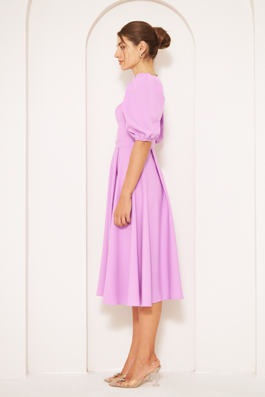 Square Neck Short Balloon Sleeves Elastic Woven Flowy Fabric Midi Dress - Lilac - photo 5