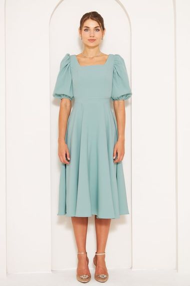 Square Neck Short Balloon Sleeves Elastic Woven Flowy Fabric Midi Dress - Mint Green - photo 3