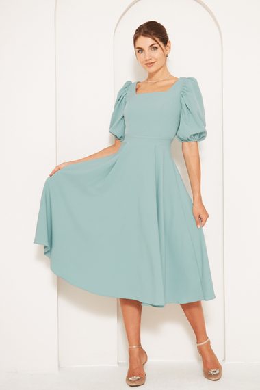 Square Neck Short Balloon Sleeves Elastic Woven Flowy Fabric Midi Dress - Mint Green - photo 2