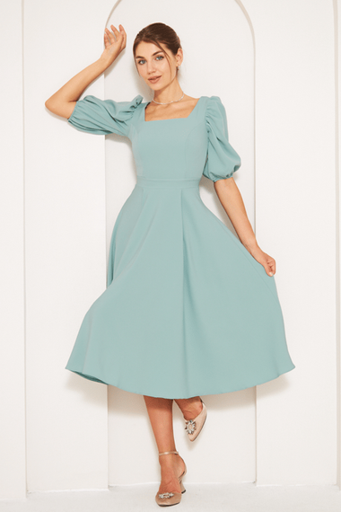 Square Neck Short Balloon Sleeves Elastic Woven Flowy Fabric Midi Dress - Mint Green - photo 4