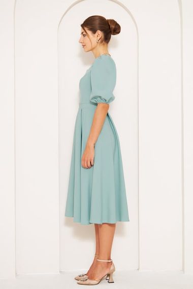 Square Neck Short Balloon Sleeves Elastic Woven Flowy Fabric Midi Dress - Mint Green - photo 5